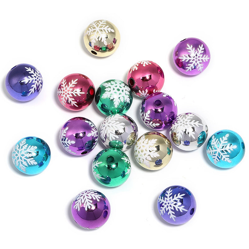 Wholesale 100pcs Christmas Color Printed Beads Metallic Snowflake DIY Beads